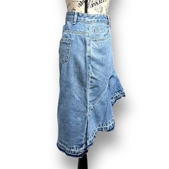 Anthropologie After Market S Ruffle Distressed Asymetrical Denim Mini Skirt Boho - Picture 5 of 8